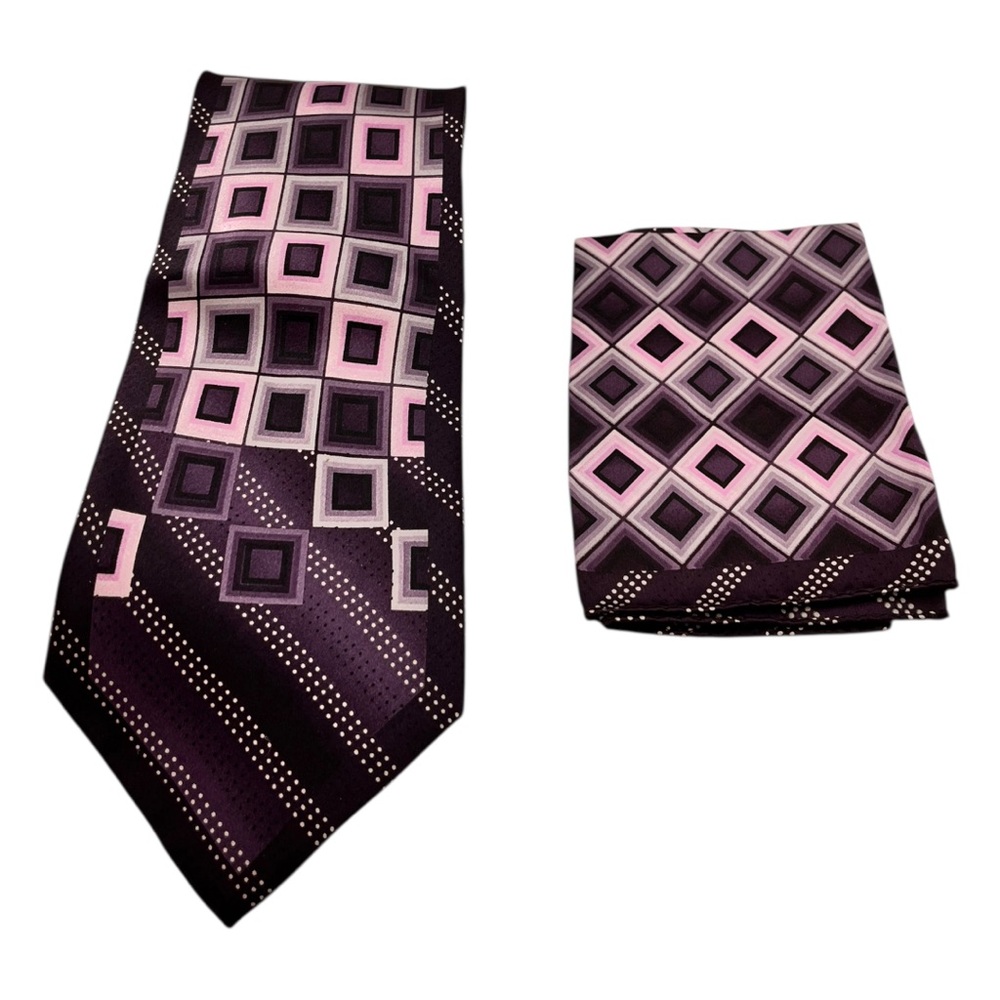 62" Stacy Adams Mens Silk Tie & Pocket Squares Purple Business Geometric